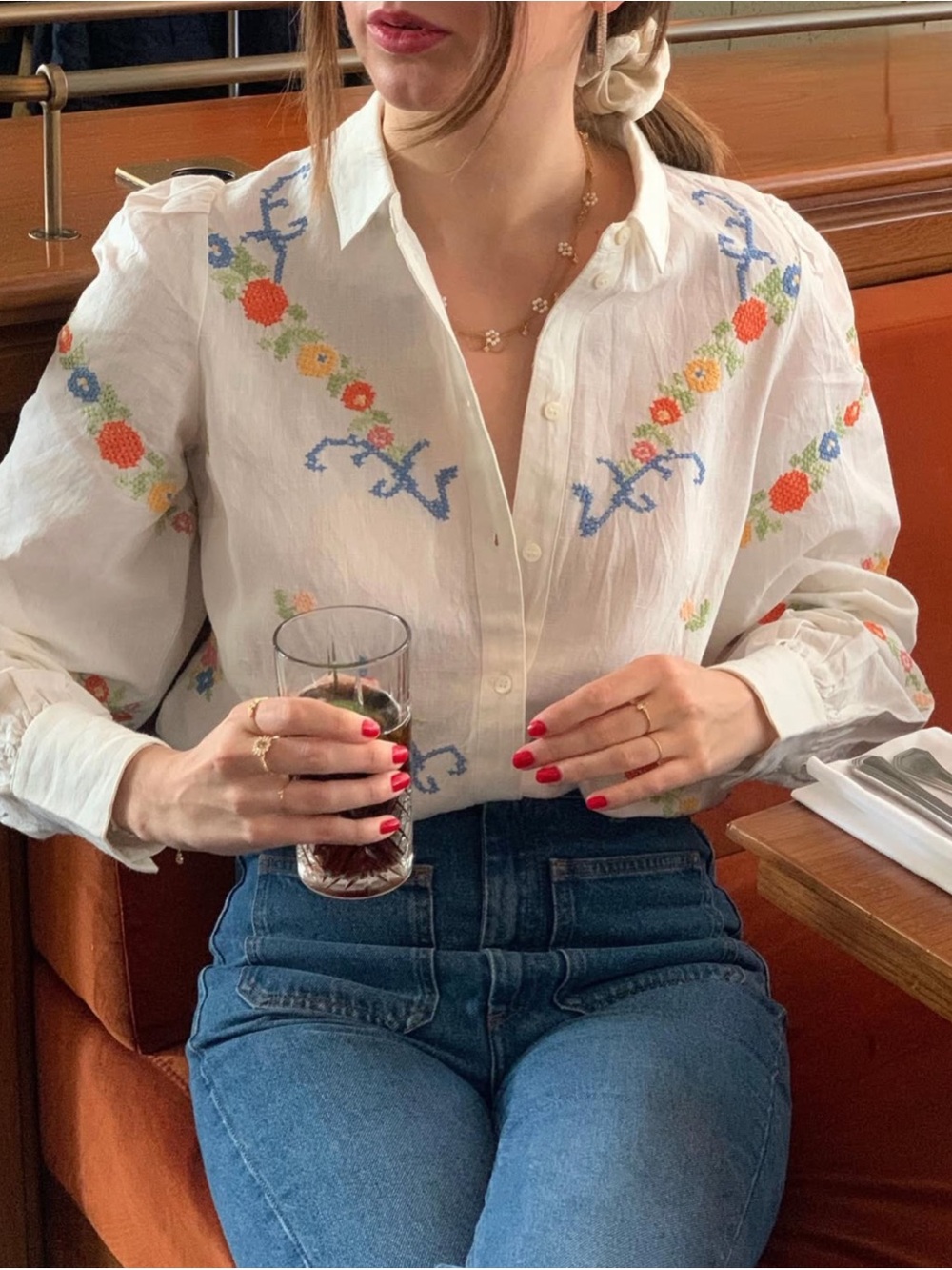 SEZANE White & Blue Boho Folk Floral Embroidered Button Down Linen Claudio Shirt